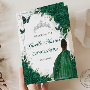 May include: A green and silver Quinceañera welcome sign with a floral design, butterflies, and a crown. The sign says "Welcome to Giselle Marie's Quinceañera" and includes the date "06.25.20XX".