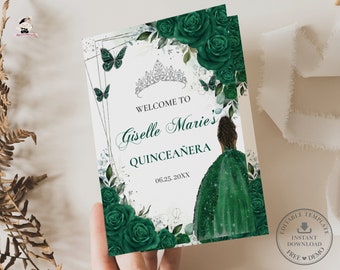 EDITABLE Emerald Green Floral Brown Princess Silver Quinceañera Bi-Fold Program Printable Quince Padrinos Damas Order of Events Download QC8