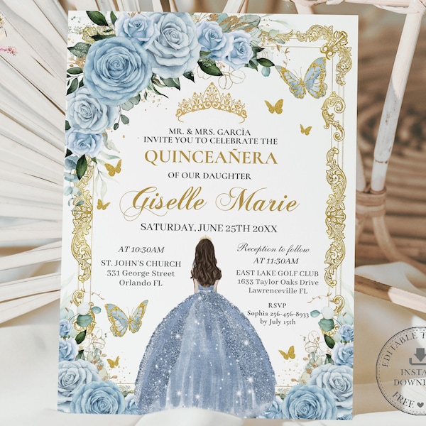 Baby Blue Floral Princess Gown Gold Quinceañera Invitation EDITABLE TEMPLATE Mis Quince 15 Sweet Sixteen 16 Birthday Download Printable QC18