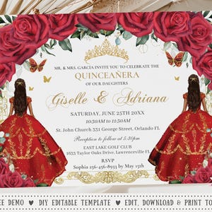 EDITABLE Red Floral Roses Dress Princess Gold Twins Quinceañera Invitation Joint Quince 15 XV Sweet 16 Birthday Download Digital QC13