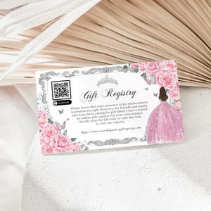 EDITABLE Pink Floral Princess Dress Silver Quinceañera Gift Registry QR Code Details RSVP Printable Quince Sweet 16 Birthday Printable QC24