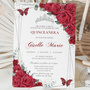 Red Floral Rose Silver Butterflies Quinceañera Invitation Printable EDITABLE TEMPLATE Mis Quince 15 Sweet 16 Birthday INSTANT Download QC13