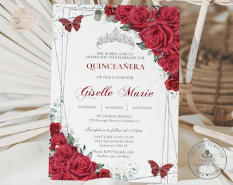 Red Floral Rose Silver Butterflies Quinceañera Invitation Printable EDITABLE TEMPLATE Mis Quince 15 Sweet 16 Birthday INSTANT Download QC13