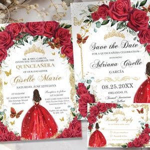 Red Floral Gold Butterflies Princess Quinceañera Invitation Set EDITABLE TEMPLATE Save the Date RSVP Quince Sweet 16 Birthday Download QC13