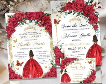 Red Floral Gold Butterflies Princess Quinceañera Invitation Set EDITABLE TEMPLATE Save the Date RSVP Quince Sweet 16 Birthday Download QC13