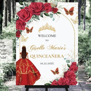 Red Floral Rose Butterfly Princess Quinceañera Welcome Sign Printable EDITABLE TEMPLATE Quince 15 Sweet 16th Birthday INSTANT Download QC13