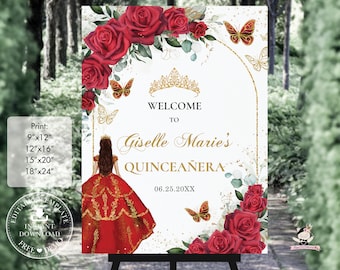 May include: A printable welcome sign for a Quinceañera celebration. The sign features a gold crown, a red dress with gold accents, red roses, and butterflies. The text on the sign reads "Welcome to Giselle Marie's Quinceañera 06.25.20XX".