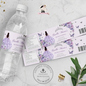 EDITABLE Purple Lilac Lavender Floral Silver Princess Quinceañera Water Bottle Label Printable Quince XV 15 Sweet 16 Birthday Printable QC14