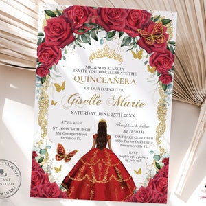 Red Floral Gold Butterflies Princess Quinceañera Invitation EDITABLE TEMPLATE Mis Quince 15 XV Sweet 16 Birthday Download Digital File QC13