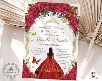 Red Floral Gold Butterflies Princess Quinceañera Invitation EDITABLE TEMPLATE Mis Quince 15 XV Sweet 16 Birthday Download Digital File QC13