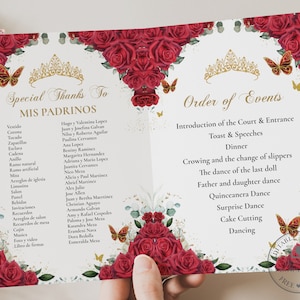 May include: A Quinceañera celebration order of events card featuring a gold crown and red roses. The card lists the order of events for the celebration, including the introduction of the court, speeches, dinner, crowning, dances, and cake cutting.