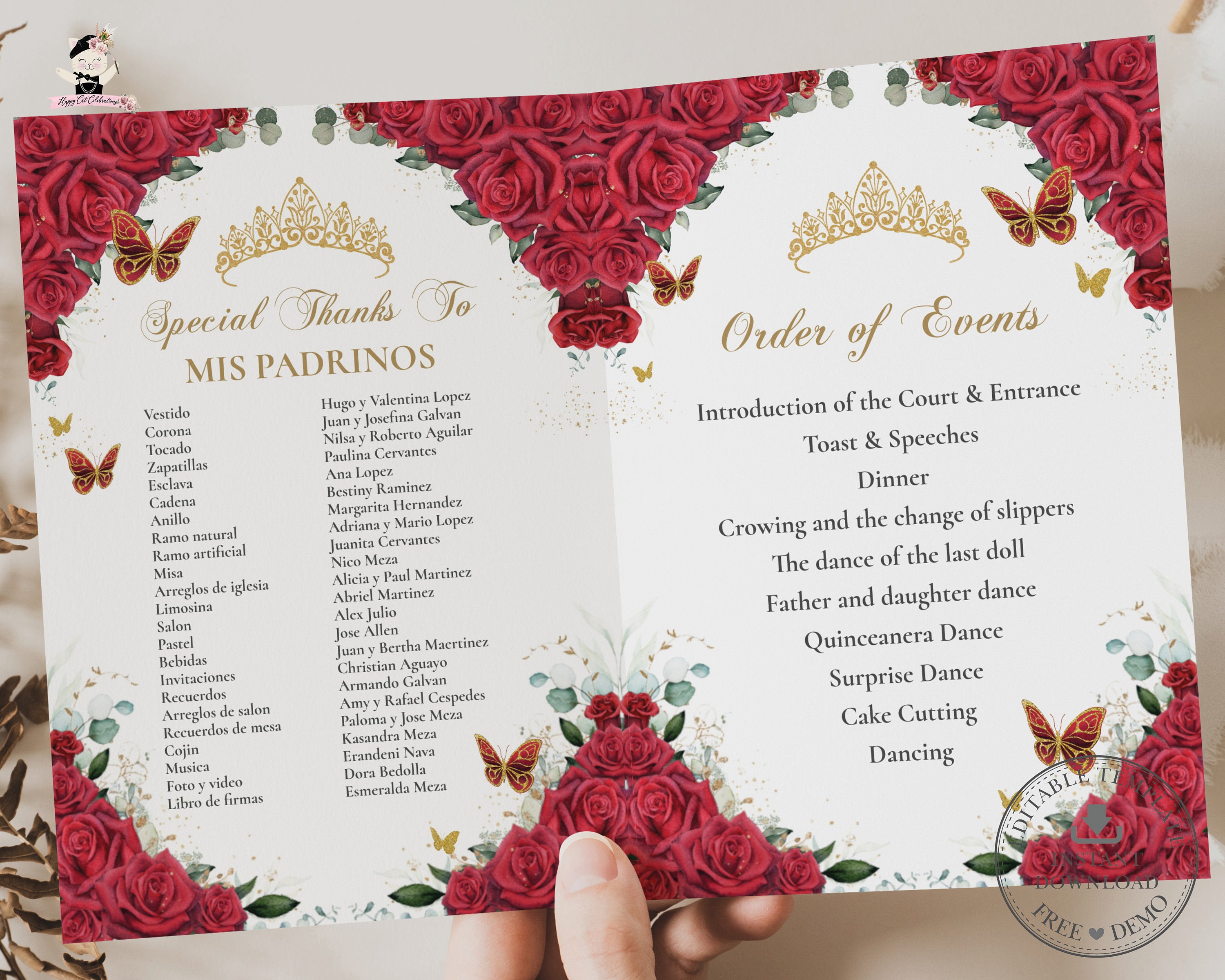 EDITABLE Red Roses Floral Butterflies Gold Quinceañera Bi-Fold Program Printable Mis Quince XV Padrinos Damas Order of Events Download QC13