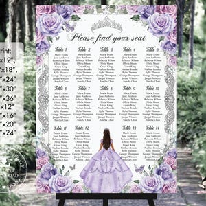 Purple Lilac Lavender Floral Silver Quinceañera Seating Chart Sign EDITABLE TEMPLATE Quince 15 XV Sweet 16 Birthday Printable Download QC37