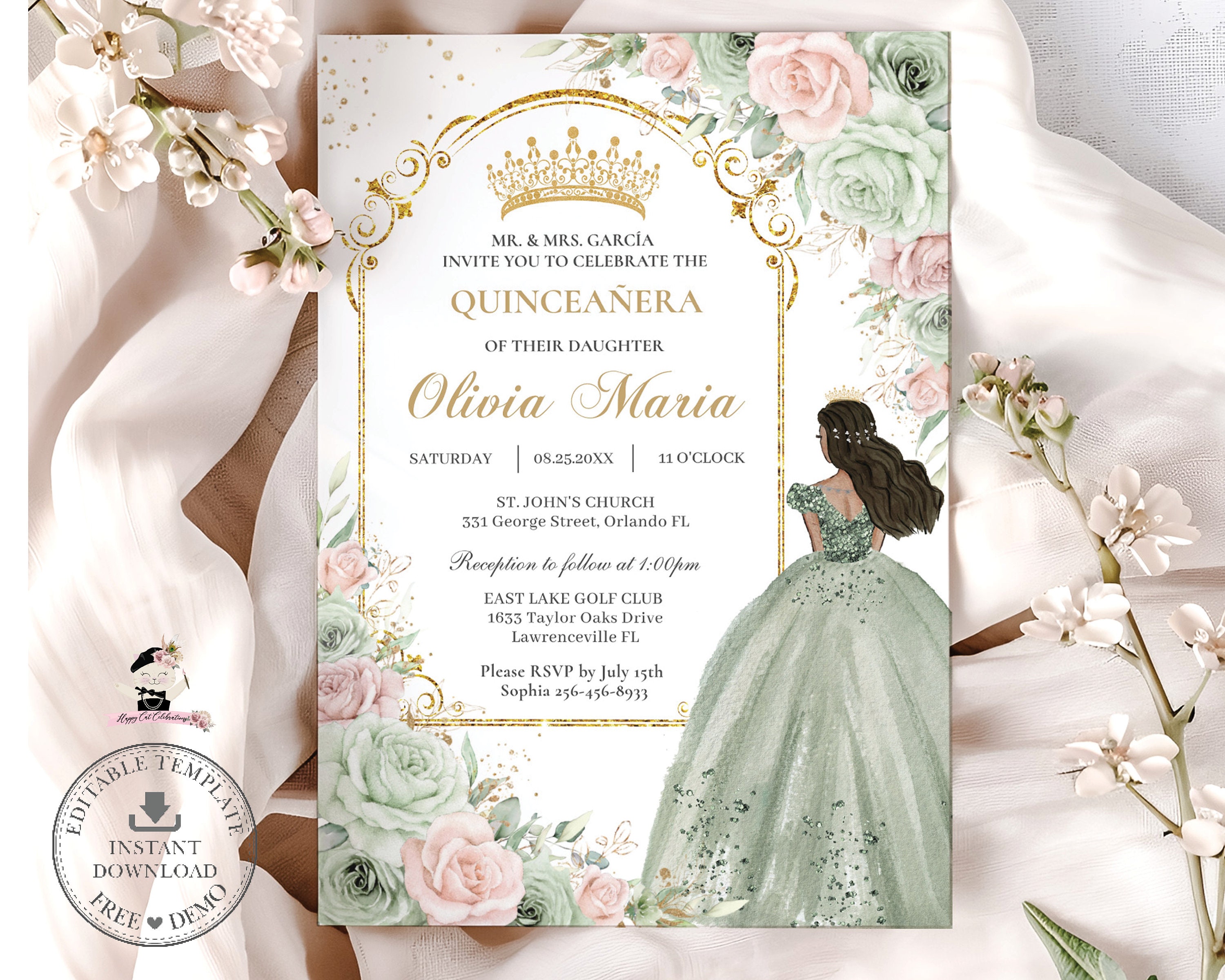 Sage Green Blush Pink Floral Brown Princess Gold Quinceañera Invitation EDITABLE TEMPLATE Quince Sweet 16 Birthday Download Printable QC19
