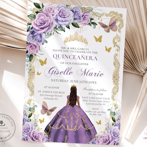 Purple Lilac Lavender Floral Gold Princess Quinceañera Invitation Printable EDITABLE TEMPLATE Mis Quince 15 Sweet 16 Birthday Download QC37