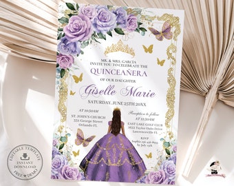 Purple Lilac Lavender Floral Gold Princess Quinceañera Invitation Printable EDITABLE TEMPLATE Mis Quince 15 Sweet 16 Birthday Download QC37