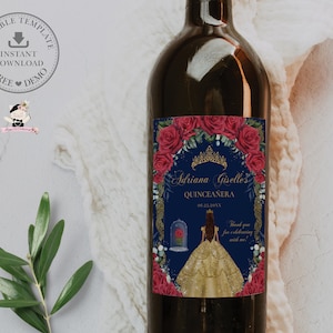 EDITABLE TEMPLATE Enchanted Red Roses Yellow Gold Dress Quinceañera Wine Bottle Label Printable Quince 15 XV Sweet 16 Birthday Printable QC2