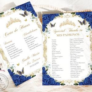 EDITABLE Template Royal Blue Roses Floral Vintage Gold Butterflies Quinceañera Padrinos List Corte de Honor Quince 15 Birthday Download QC16