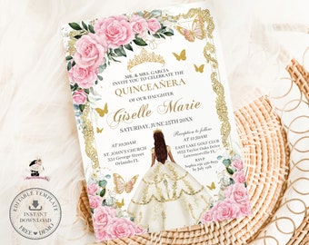 May include: A Quinceañera invitation with a pink and gold floral design. The invitation features a crown, butterflies, and a silhouette of a young woman in a white dress. The text reads "MR. & MRS. GARCIA INVITE YOU TO CELEBRATE THE QUINCEAÑERA OF OUR DAUGHTER GISELLE MARIE SATURDAY, JUNE 25TH 20XX".