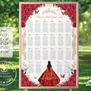 Red Roses Floral Princess Gold Quinceañera Seating Chart Sign EDITABLE TEMPLATE Quince 15 XV Sweet 16 18th Birthday Printable Download QC13