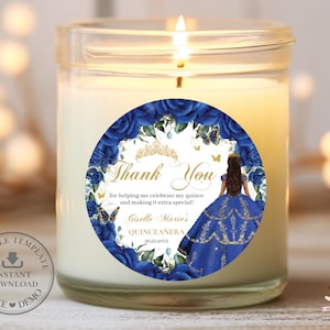 EDITABLE Round Circle Tags Stickers Labels Royal Blue Floral Princess Dress Gold Quinceañera Quince 15 XV Sweet 16 Birthday Download QC16