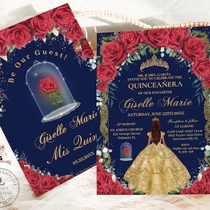Enchanted Red Roses Yellow Gold Dress Quinceañera Invitation EDITABLE TEMPLATE Mis Quince 15 XV Sweet 16 Birthday Download Digital File QC2