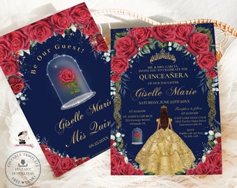 Enchanted Red Roses Yellow Gold Dress Quinceañera Invitation EDITABLE TEMPLATE Mis Quince 15 XV Sweet 16 Birthday Download Digital File QC2