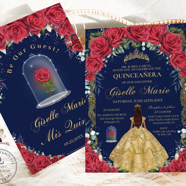 Enchanted Red Roses Yellow Gold Dress Quinceañera Invitation EDITABLE TEMPLATE Mis Quince 15 XV Sweet 16 Birthday Download Digital File QC2