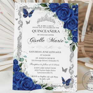 Royal Blue Floral Vintage Silver Butterflies Quinceañera Invitation EDITABLE TEMPLATE Quince 15 XV Sweet 16 Birthday Download Digital QC16