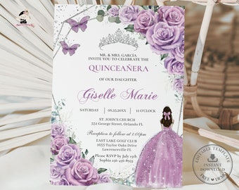 Purple Lilac Floral Roses Silver Quinceañera Invitation EDITABLE TEMPLATE, Princess Mis Quince 16th Birthday Instant Download Printable, QC3