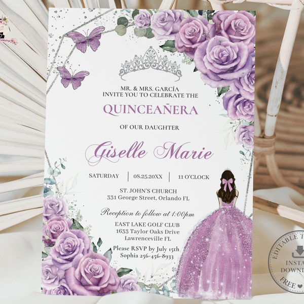 Purple Lilac Floral Roses Silver Quinceañera Invitation EDITABLE TEMPLATE, Princess Mis Quince 16th Birthday Instant Download Printable, QC3