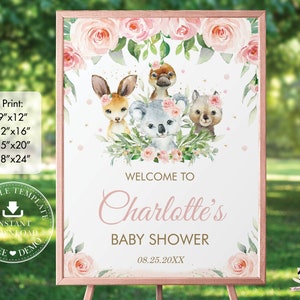 Australian Animals Pink Floral Greenery Welcome Sign Printable EDITABLE TEMPLATE, Koala Kangaroo Birthday Baby Shower, INSTANT Download, AU1