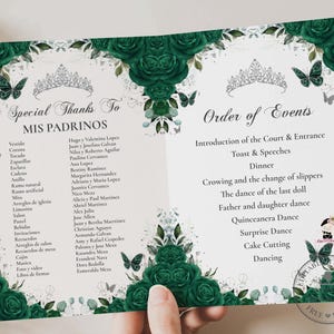 May include: A folded invitation with a white background, featuring dark green floral and butterfly accents. The text includes "Special Thanks To Mis Padrinos" and "Order of Events" in elegant script, suitable for a quinceañera.