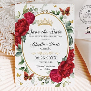 Vibrant Red Peonies Floral Gold Butterflies Quinceañera Save the Date EDITABLE TEMPLATE Mis Quince 15 XV 16 Birthday Printable Download QC17