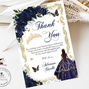 Navy Blue Floral Gold Butterflies Princess Quinceañera Thank You EDITABLE TEMPLATE Quince 15 XV Sweet 16th Birthday Digital Download QC10
