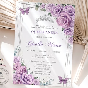 Purple Lilac Floral Roses Silver Quinceañera Invitation EDITABLE TEMPLATE, Mis Quince 15 Anos 16th Birthday Instant Download Printable, QC3