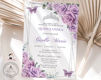 Purple Lilac Floral Roses Silver Quinceañera Invitation EDITABLE TEMPLATE, Mis Quince 15 Anos 16th Birthday Instant Download Printable, QC3