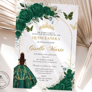 Emerald Green Floral Rose Butterfly Quinceañera Invitation Printable EDITABLE TEMPLATE Mis Quince 15 Sweet 16 Birthday INSTANT Download QC9