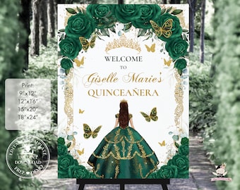 Emerald Green Floral Roses Butterflies Quinceañera Vintage Gold EDITABLE Welcome Sign Printable File Mis Quince XV 15 Sweet 16 Birthday QC9