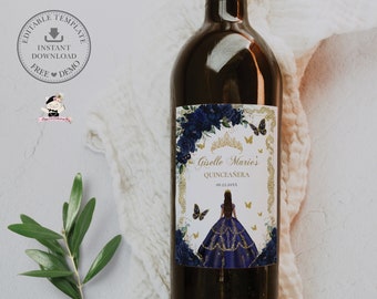 EDITABLE Template Navy Blue Floral Gold Princess Dress Quinceañera Wine Bottle Label Printable Quince 15 Sweet 16 Birthday Printable QC10