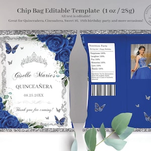 EDITABLE Template Royal Blue Floral Silver Butterflies Quinceañera Chip Bag Mis Quince 15 Sweet 16 Birthday Favor Printable Download QC16