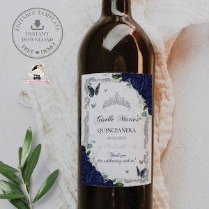 EDITABLE Template Navy Blue Floral Butterflies Silver Quinceañera Wine Bottle Label Printable Quince 15 XV Sweet 16 Birthday Printable QC10