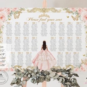 Blush Roses Floral Quinceañera Sweet 16 Birthday Seating Chart: Gold Crown, Tan Princess Pink Dress Butterflies (Editable Template, 24"x36")