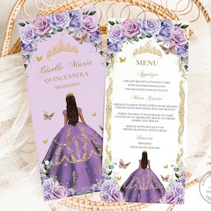 Purple Lilac Floral Gold Butterflies Princess Quinceañera Menu EDITABLE TEMPLATE Quince 15 XV Sweet 16 Birthday Download Digital File QC37