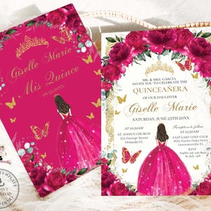 Fuchsia Pink Floral Gold Butterflies Princess Gown Quinceañera Invitation EDITABLE TEMPLATE Quince 15 XV Sweet 16th Birthday Printable QC7