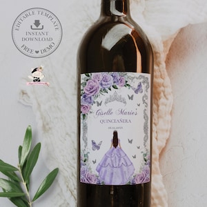 EDITABLE Purple Lilac Lavender Floral Silver Princess Quinceañera Wine Bottle Label Printable Quince XV 15 Sweet 16 Birthday Printable QC14