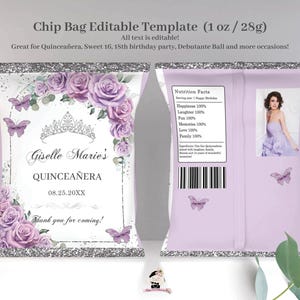 May include: A custom chip bag template with a lavender and silver design. The front features a tiara, roses, butterflies, and the text "Giselle Marie's Quinceañera". The back includes a photo and nutrition facts.