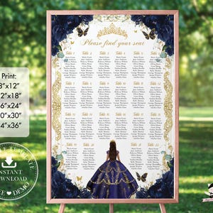 Navy Blue Roses Floral Gold Quinceañera Seating Chart Sign EDITABLE TEMPLATE Quince 15 XV Sweet 16 18th Birthday Printable Download QC10