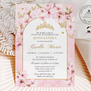 EDITABLE Template Pink Cherry Blossoms Sakura Floral Quinceañera Invitation Quince 15 XV Sweet 16 Birthday Download Digital Printable QC4