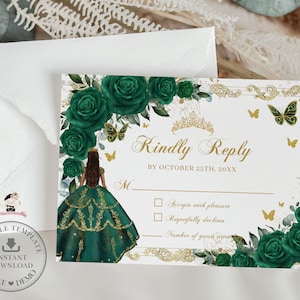 EDITABLE Emerald Green Floral Vintage Gold Butterflies Tan Princess Quinceañera RSVP Reply Printable Mis Quince 15 Sweet 16th Birthday QC9